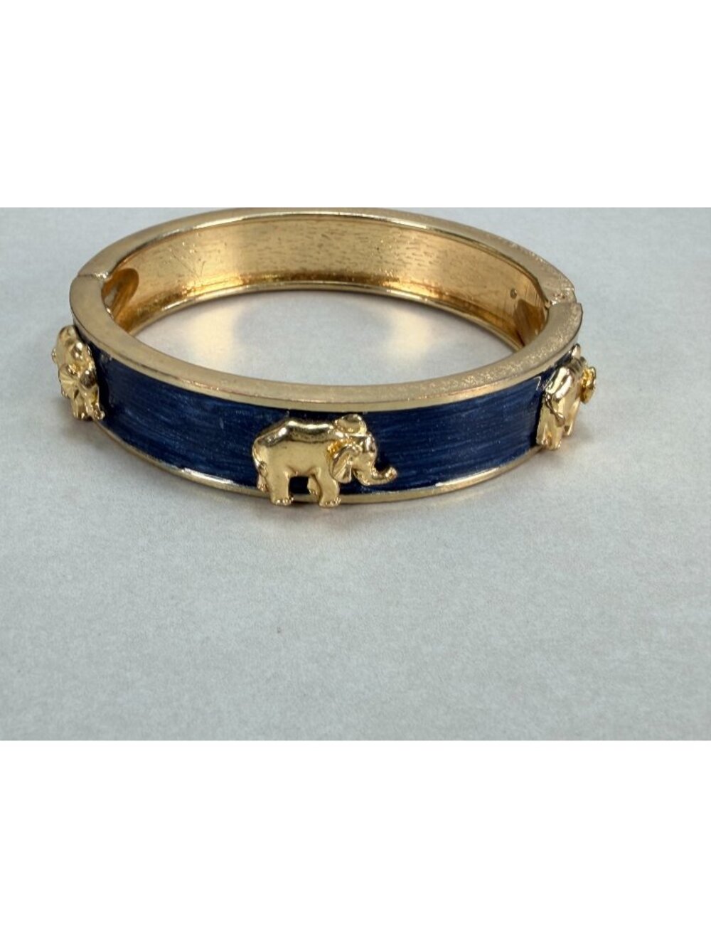 Vintage Gold Tone Blue Elephant Hinged Bangle Bracelet Relief Animal Hinged